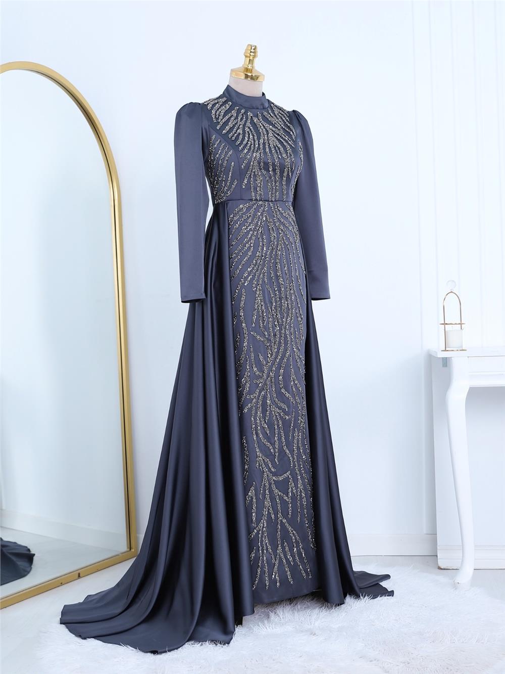 Tailed Bead Embroidered Satin Evening Dress -Anthracite-314-2299-R64
