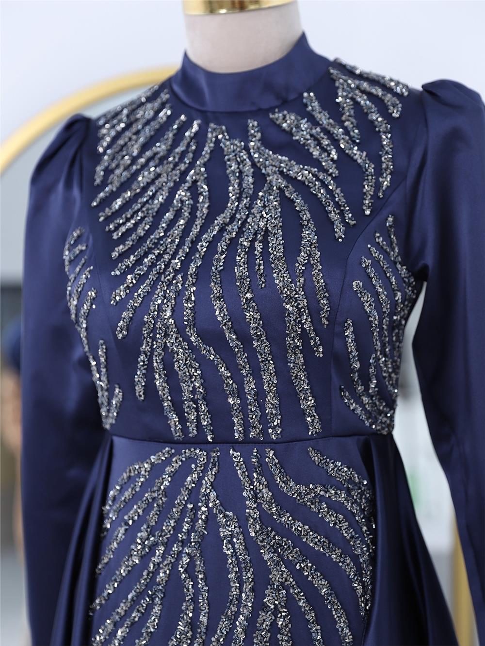 Tailed Bead Embroidered Satin Evening Dress - Navy Blue-314-2299-R03