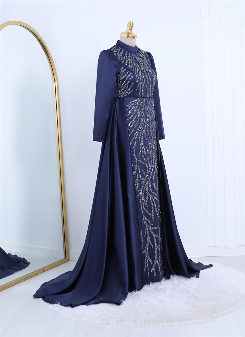 Tailed Bead Embroidered Satin Evening Dress - Navy Blue-314-2299-R03