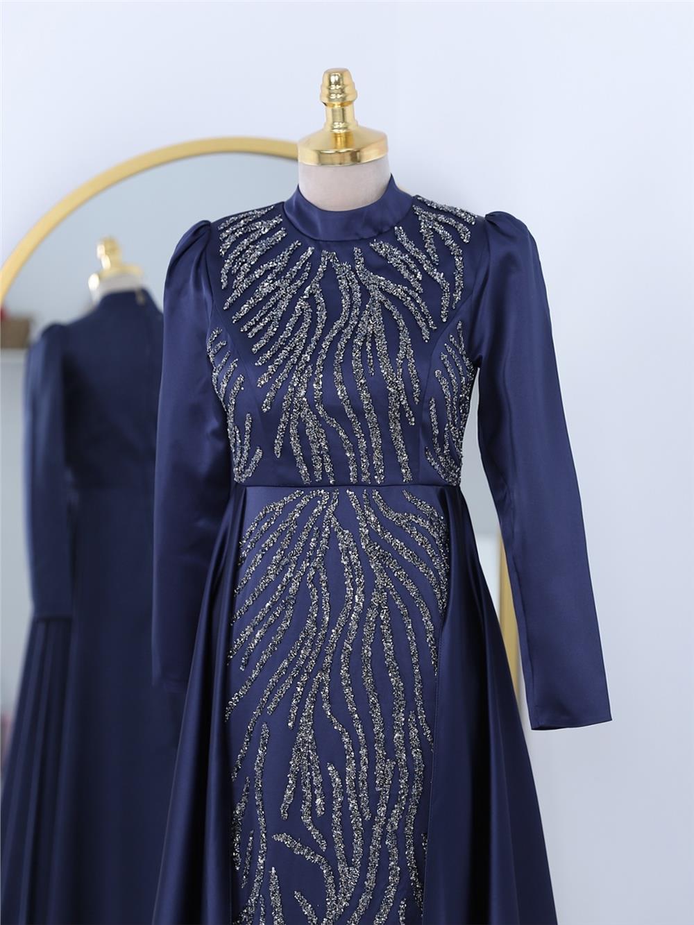 Tailed Bead Embroidered Satin Evening Dress - Navy Blue-314-2299-R03