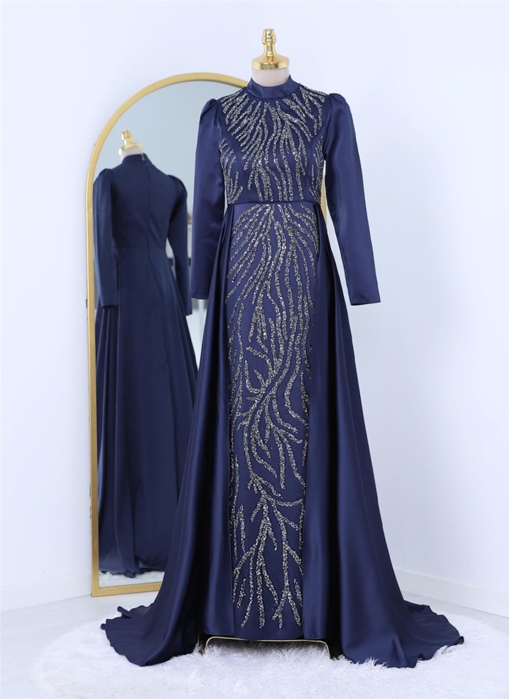 Tailed Bead Embroidered Satin Evening Dress - Navy Blue-314-2299-R03