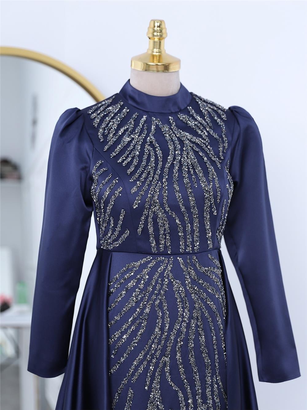 Tailed Bead Embroidered Satin Evening Dress - Navy Blue-314-2299-R03