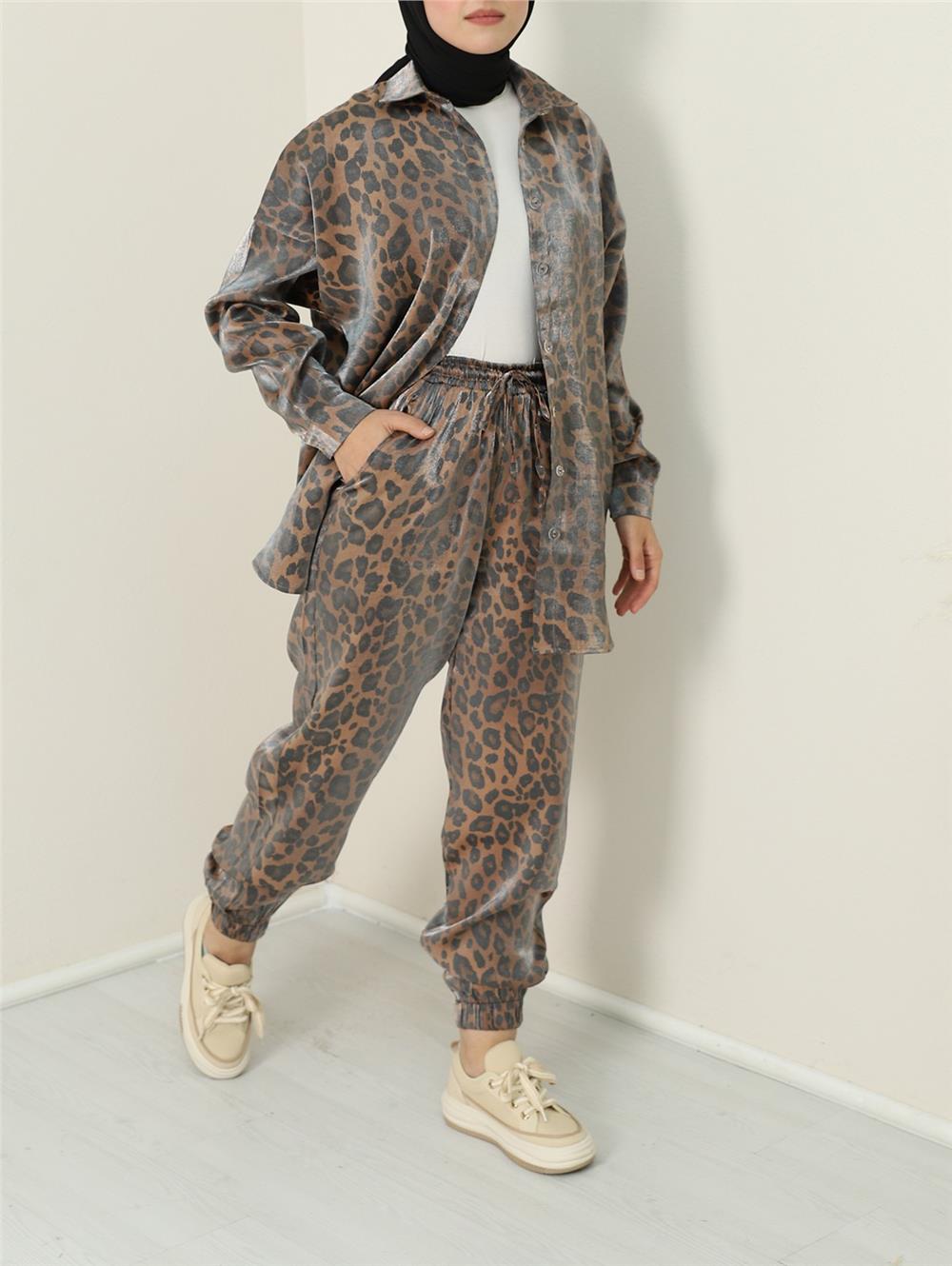 Leopard Pattern Flamed Satin Set - Brown-395-1252-R15