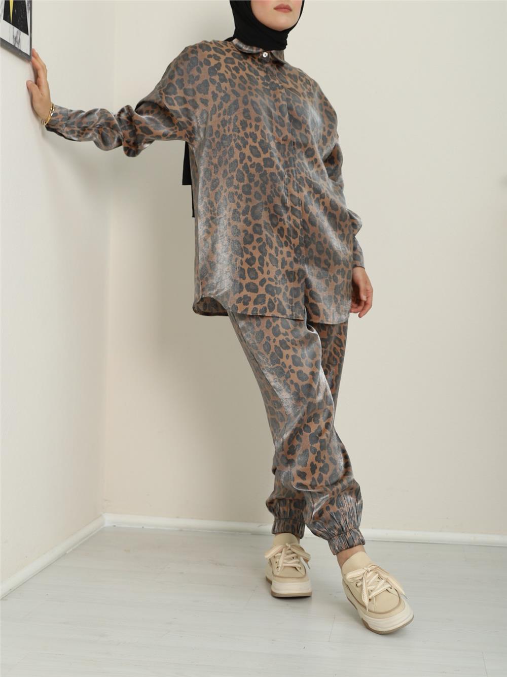 Leopard Pattern Flamed Satin Set - Brown-395-1252-R15