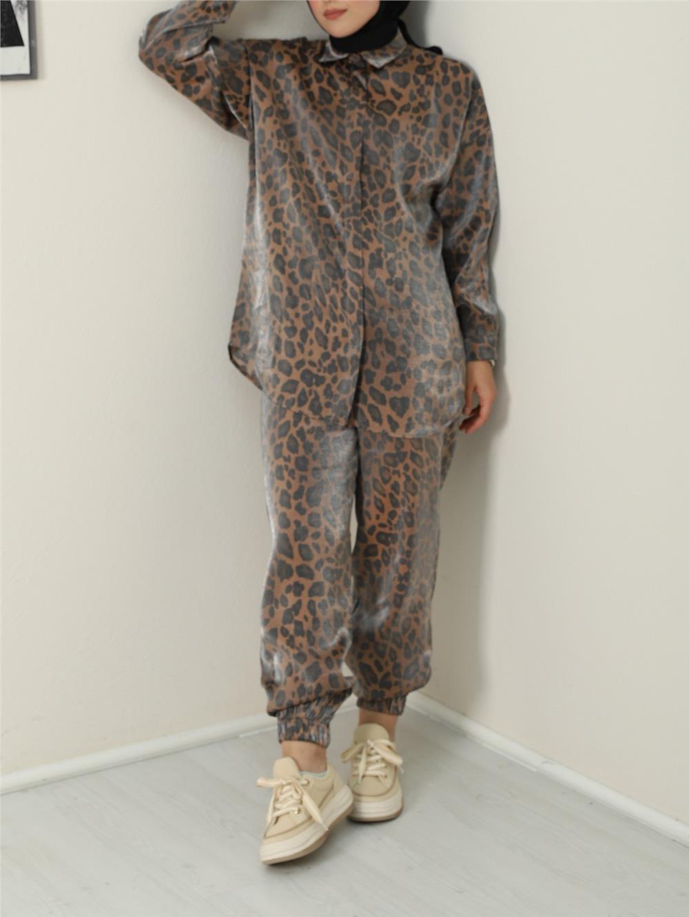 Leopard Pattern Flamed Satin Set - Brown-395-1252-R15