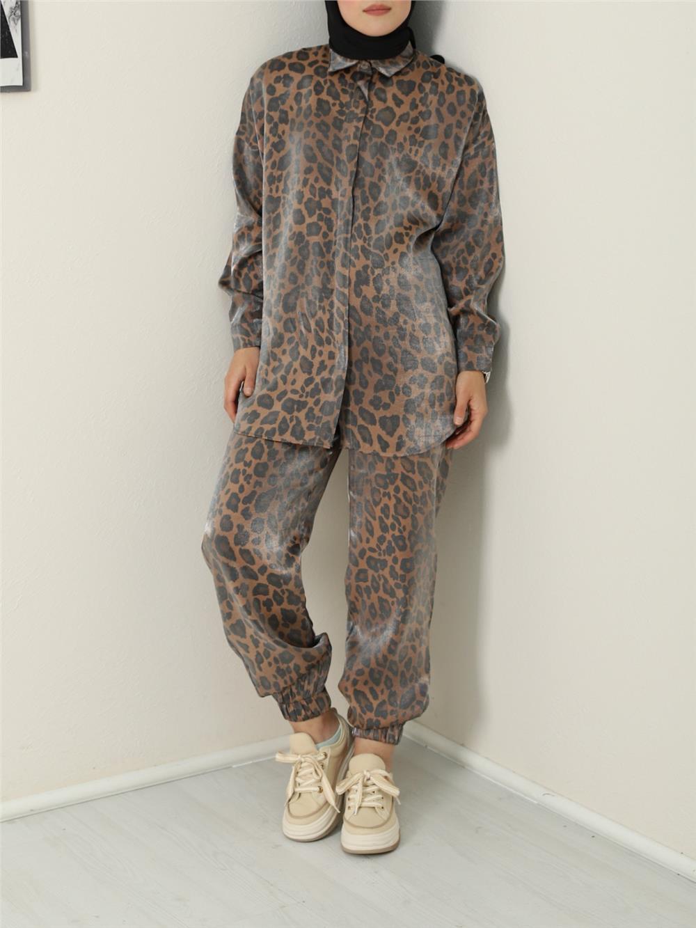 Leopard Pattern Flamed Satin Set - Brown-395-1252-R15