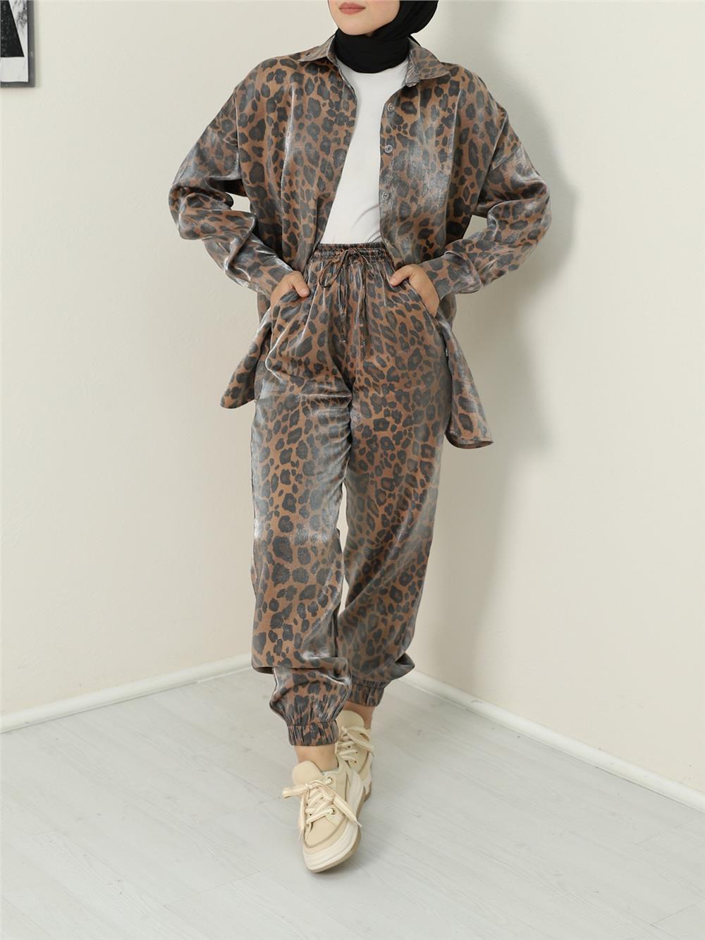 Leopard Pattern Flamed Satin Set - Brown-395-1252-R15