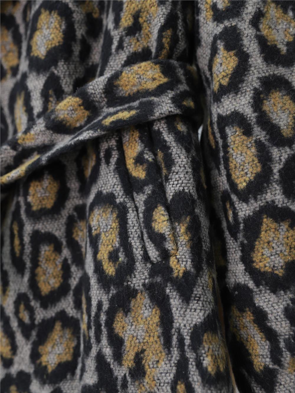 Leopar Desenli Astarlı Beli Bağlamalı Kaşe Ceket  -Gri-138-9150-R11