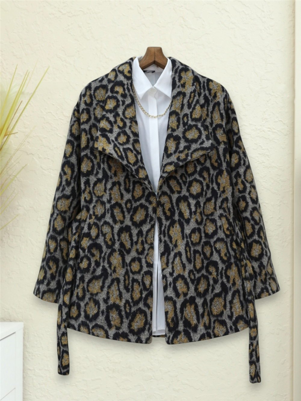 Leopar Desenli Astarlı Beli Bağlamalı Kaşe Ceket  -Gri-138-9150-R11