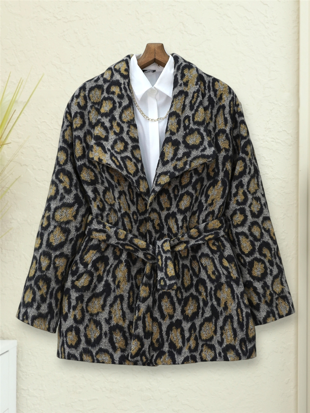 Leopar Desenli Astarlı Beli Bağlamalı Kaşe Ceket  -Gri-138-9150-R11