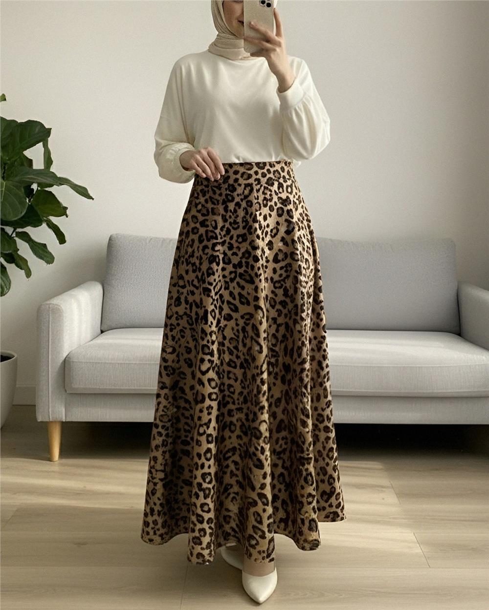 Leopar Desenli Scuba Etek -Vizon-349-7098-R23