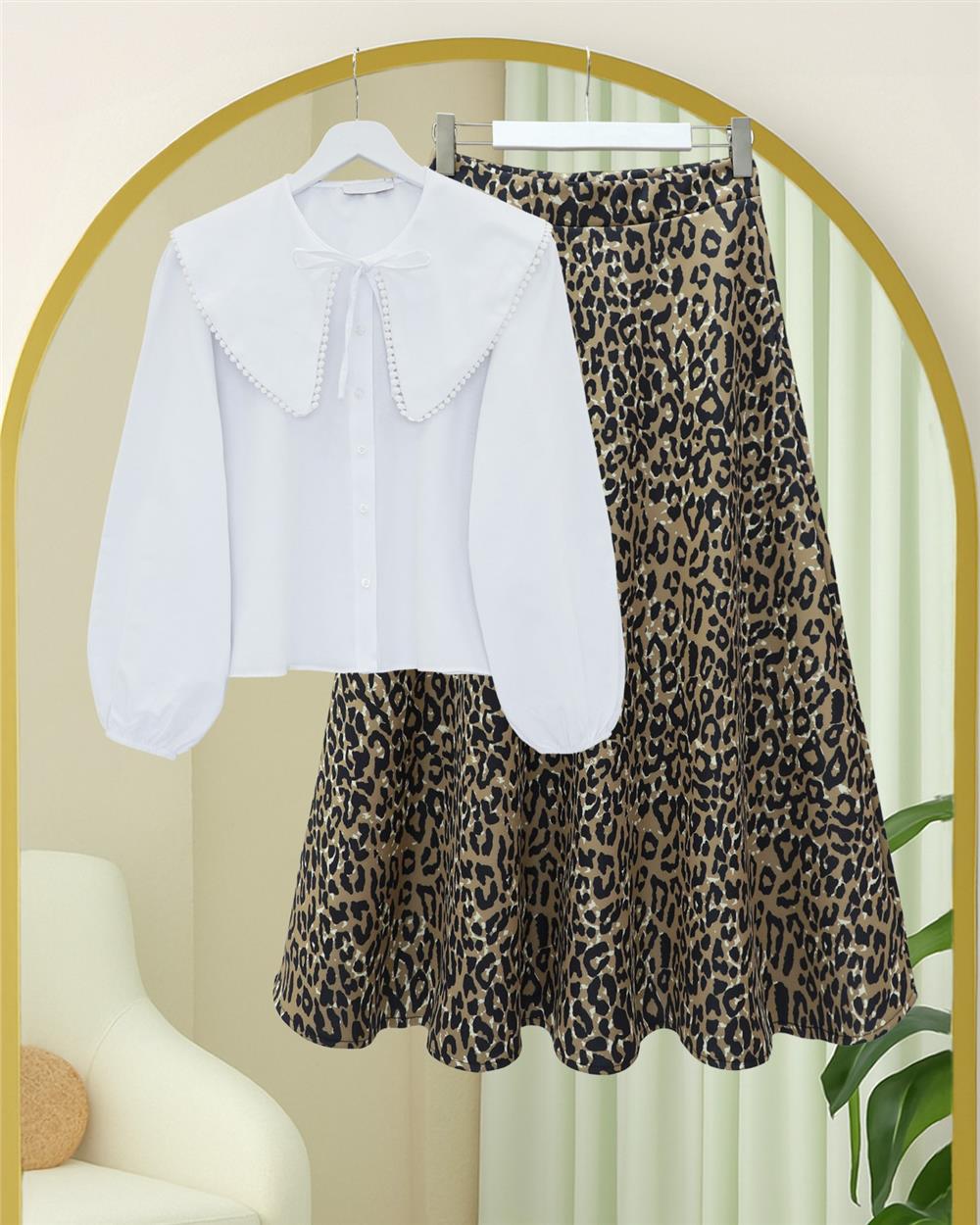 Leopar Desenli Scuba Etek -Vizon-349-7098-R23