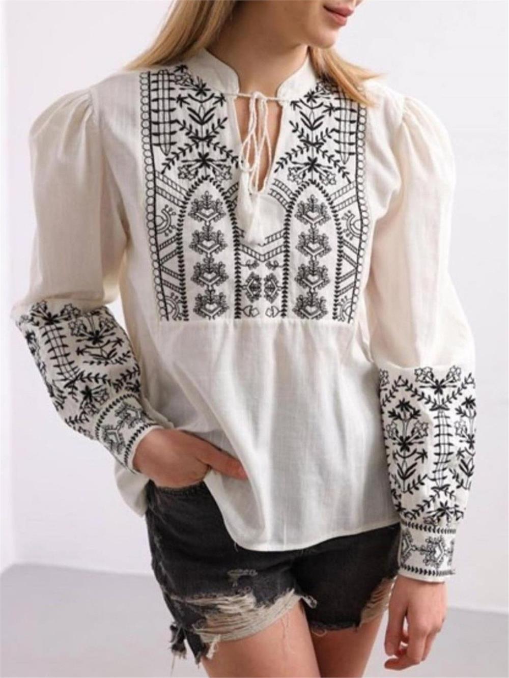 Cuffed Embroidery Lace Detailed Blouse -White-364-5400-R02