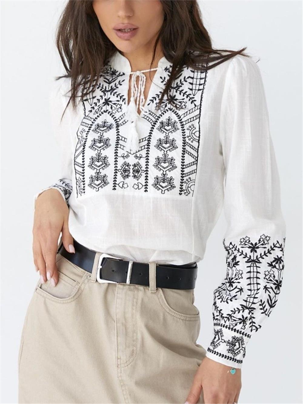 Cuffed Embroidery Lace Detailed Blouse -White-364-5400-R02