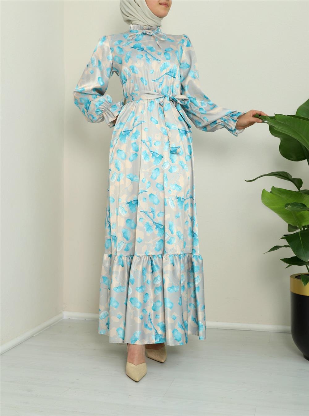 Lettuce Collar Piece Patterned Silk Satin Dress - Blue-386-6090-R31