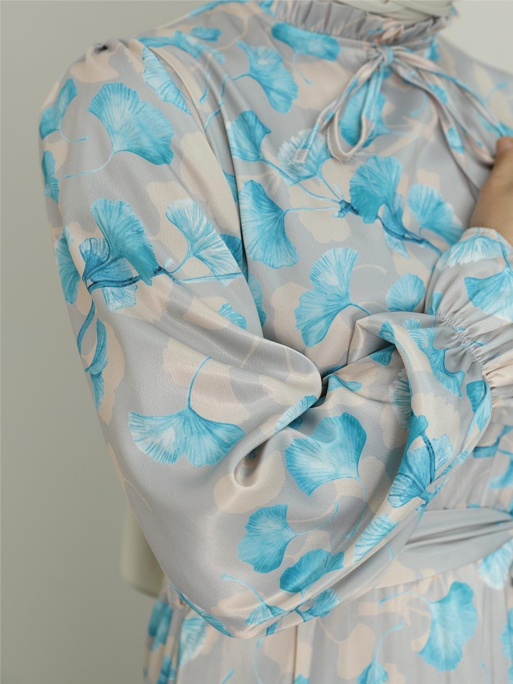 Lettuce Collar Piece Patterned Silk Satin Dress - Blue-386-6090-R31