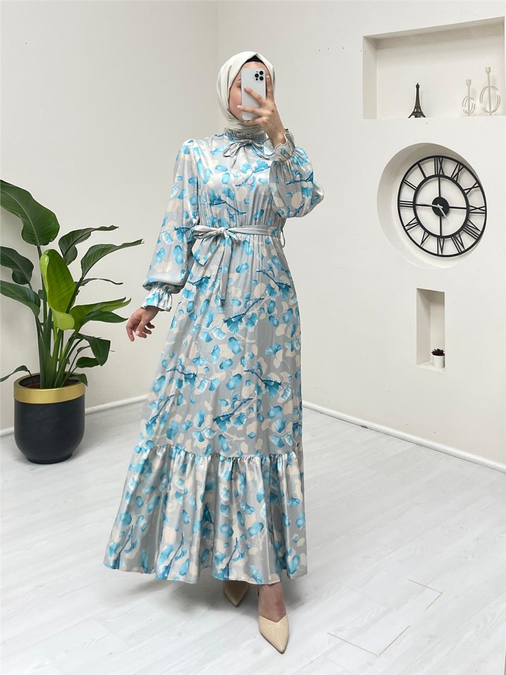 Lettuce Collar Piece Patterned Silk Satin Dress - Blue-386-6090-R31