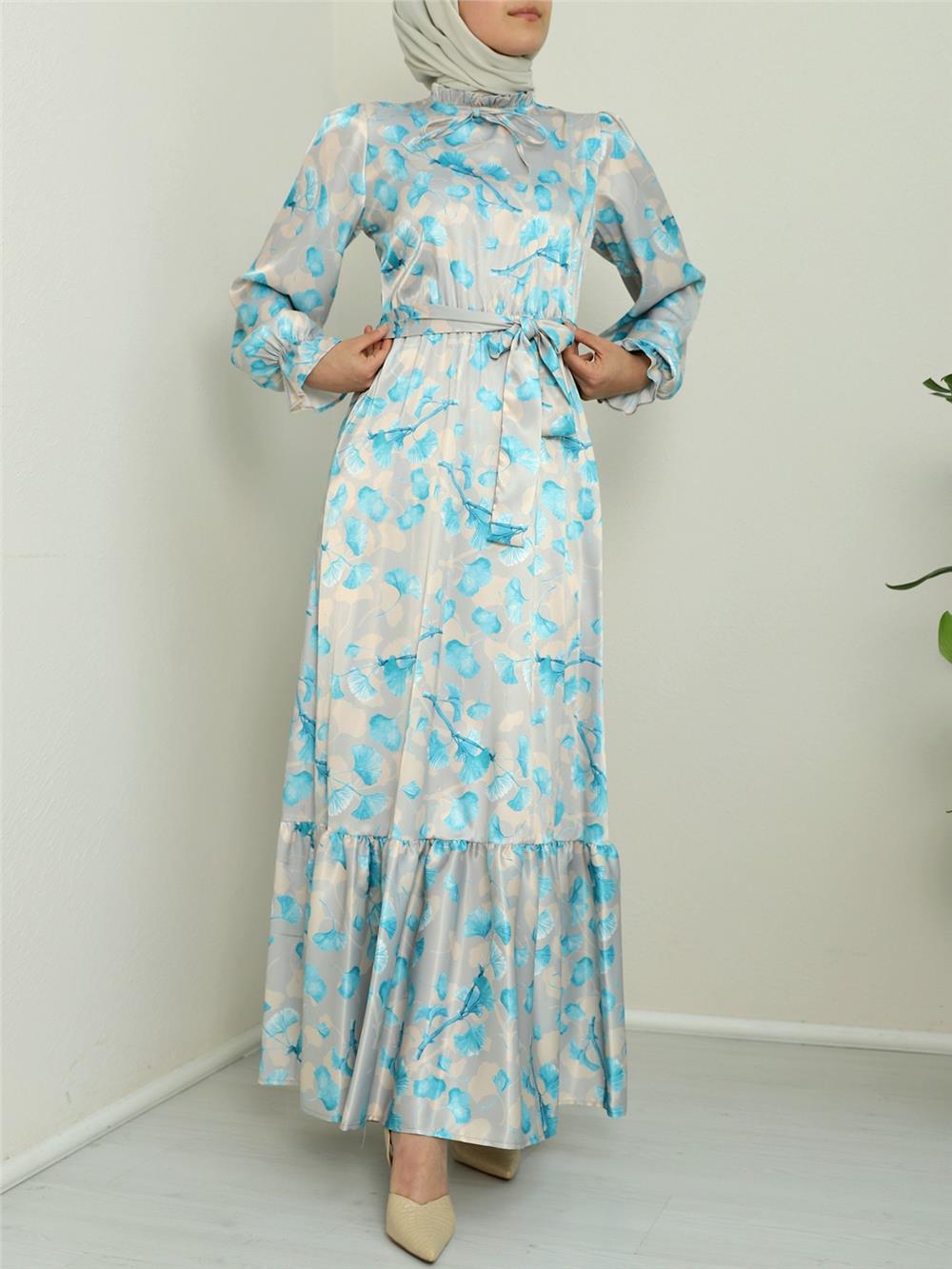 Lettuce Collar Piece Patterned Silk Satin Dress - Blue-386-6090-R31