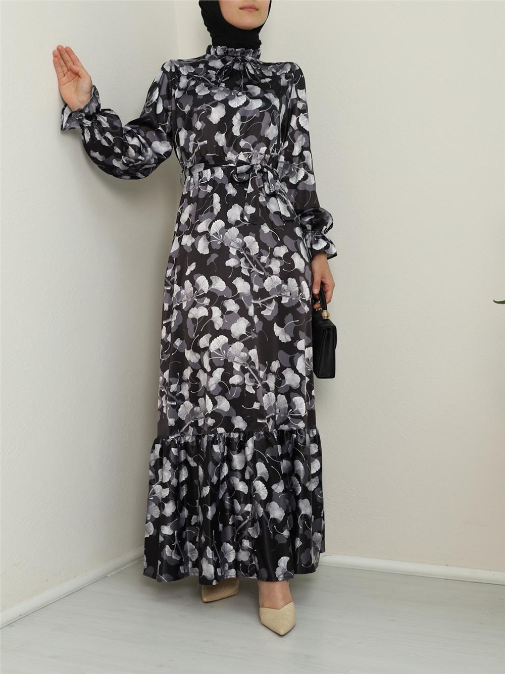 Lettuce Collar Patterned Silk Satin Dress -Black-386-6090-R01