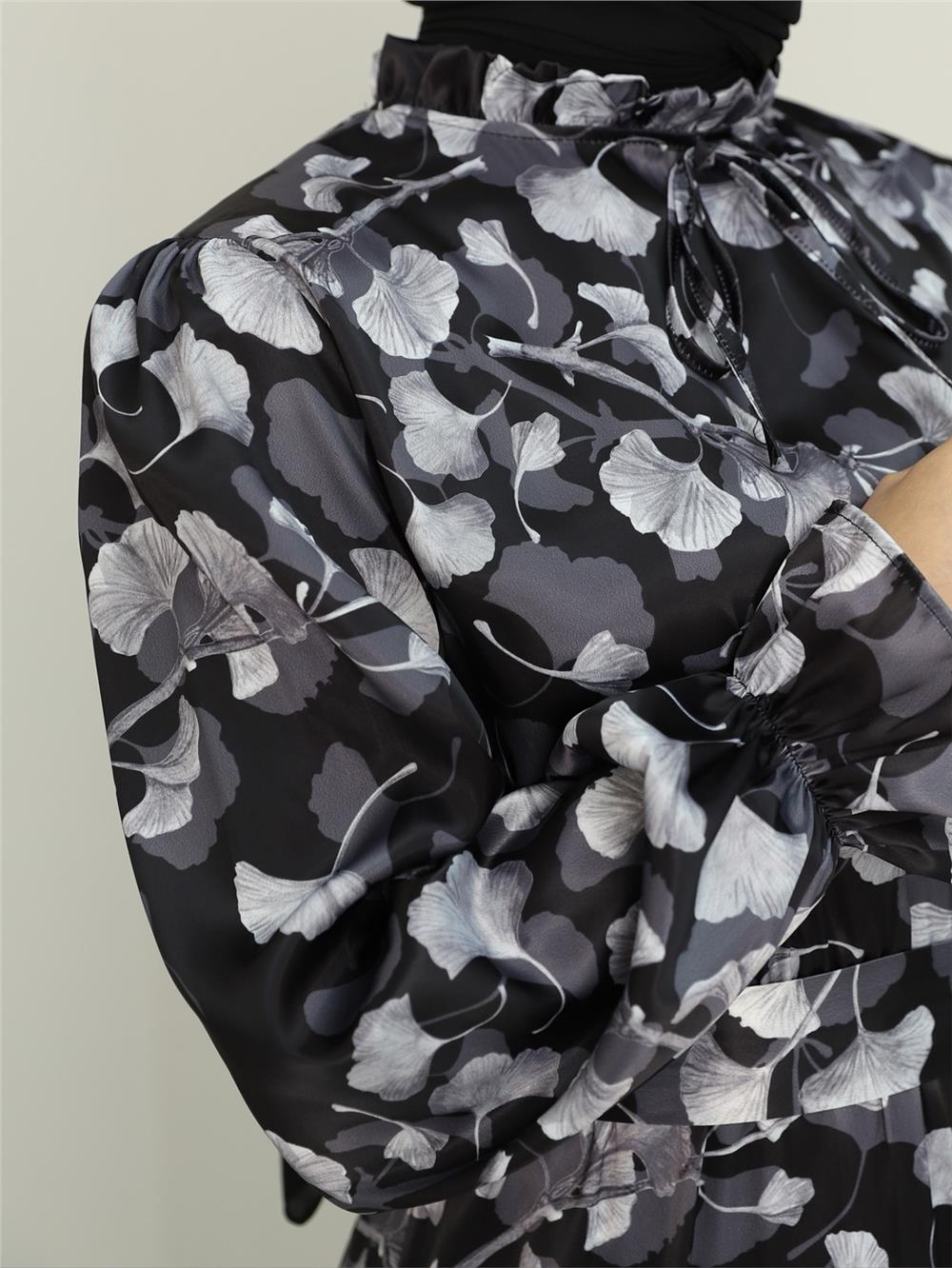 Lettuce Collar Patterned Silk Satin Dress -Black-386-6090-R01