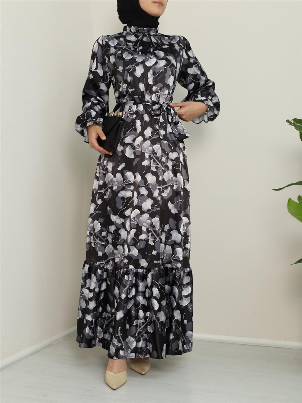 Lettuce Collar Patterned Silk Satin Dress -Black-386-6090-R01