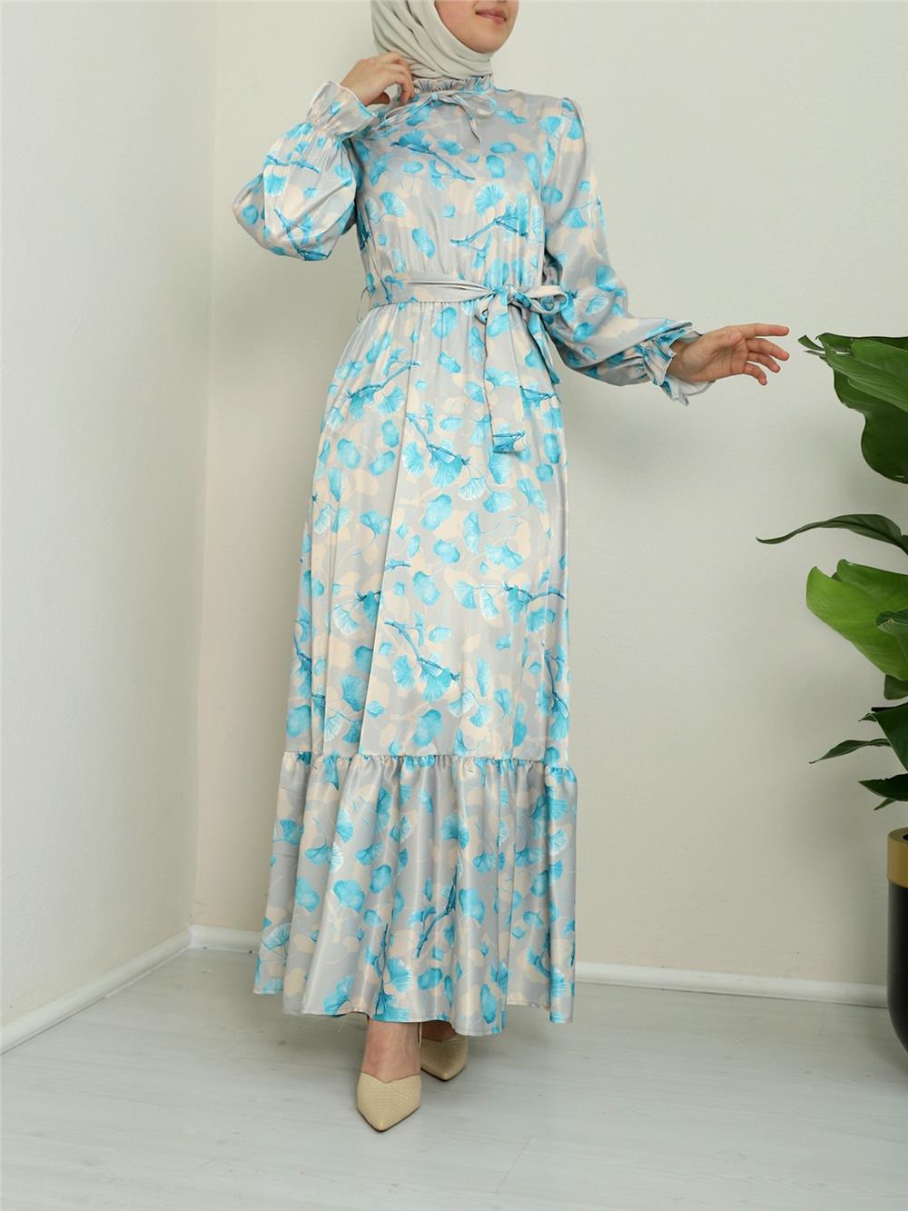 Lettuce Collar Piece Patterned Silk Satin Dress - Blue-386-6090-R31