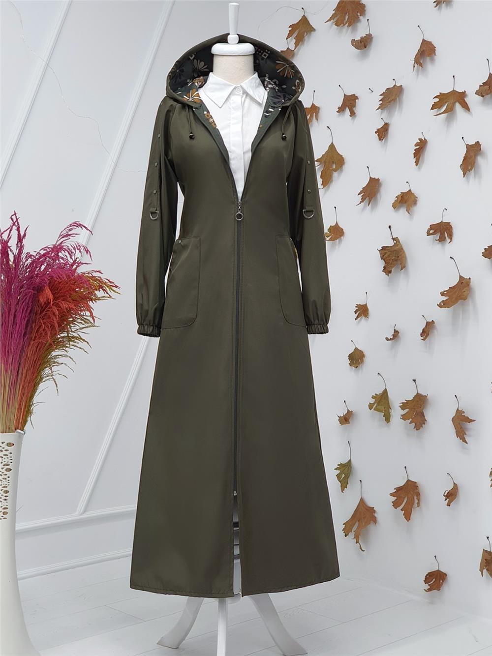 Metal Detaylı Fermuarlı Kapşonlu Trenckot -Khaki-197-1001-R05