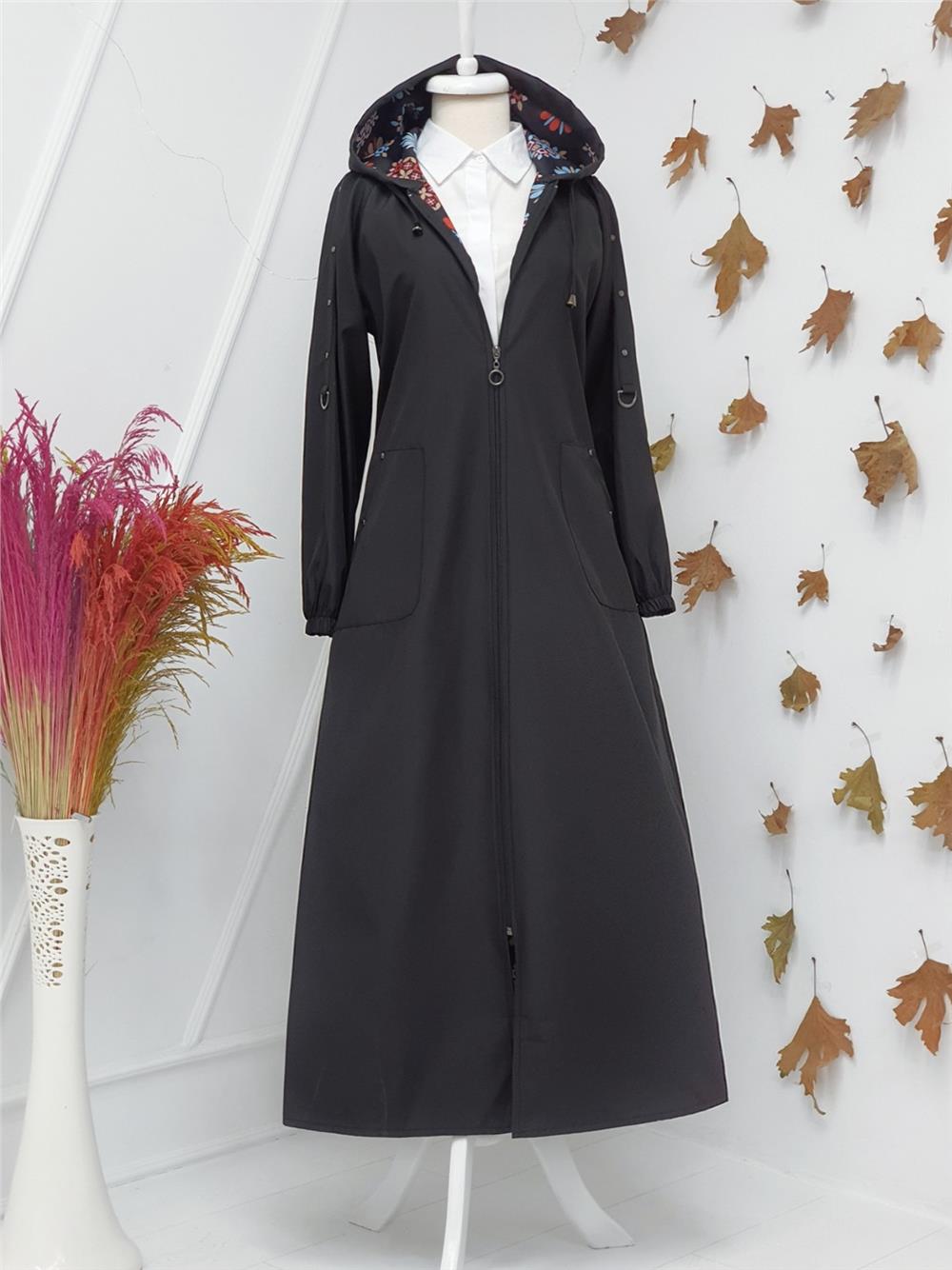 Metal Detaylı Fermuarlı Kapşonlu Trenckot -Black-197-1001-R01