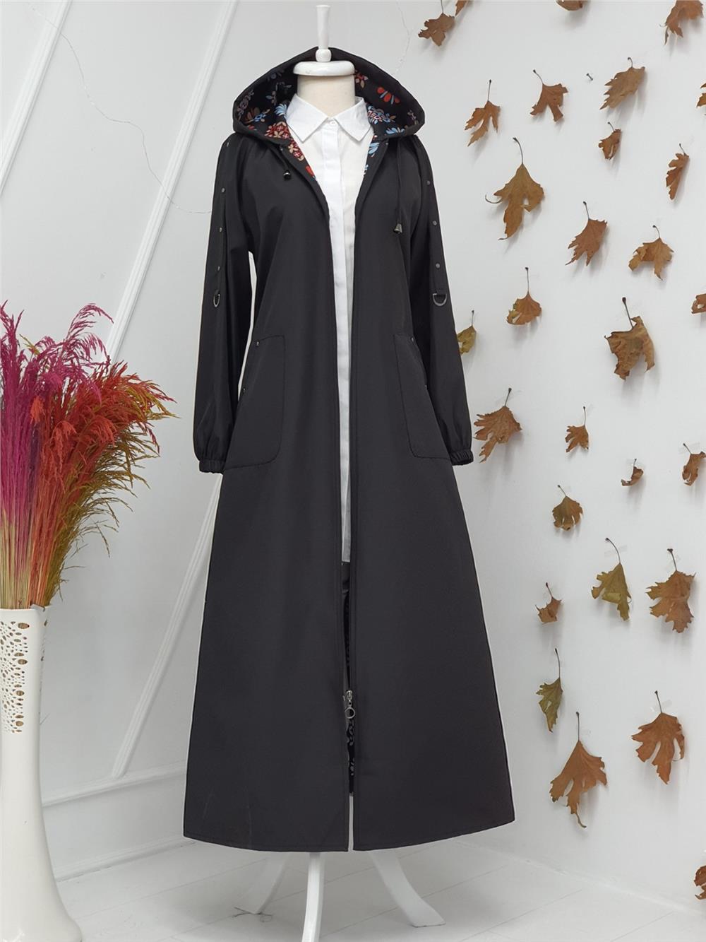 Metal Detaylı Fermuarlı Kapşonlu Trenckot -Black-197-1001-R01