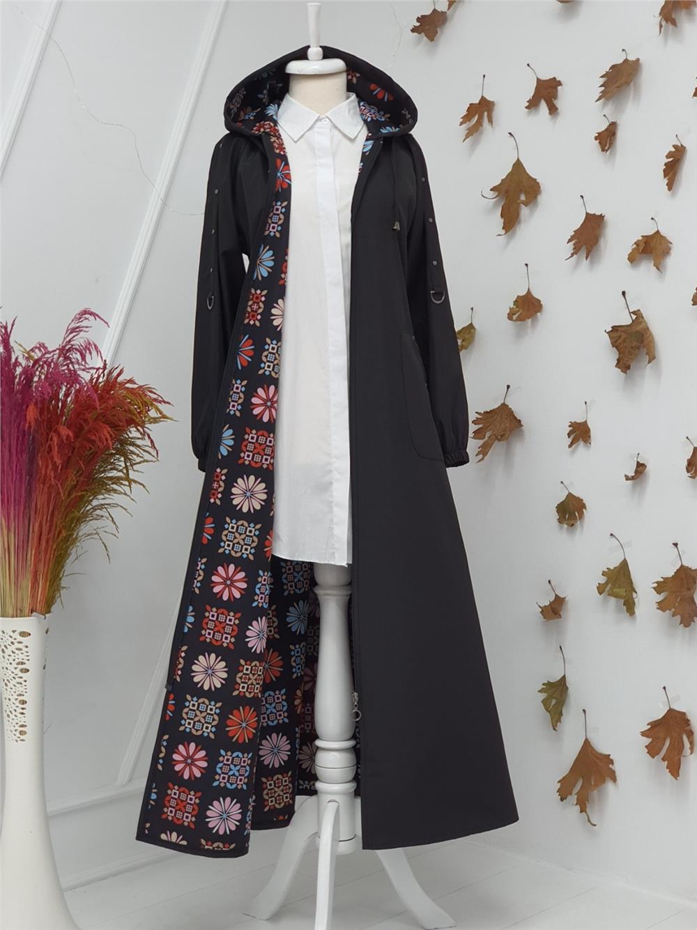 Metal Detaylı Fermuarlı Kapşonlu Trenckot -Black-197-1001-R01