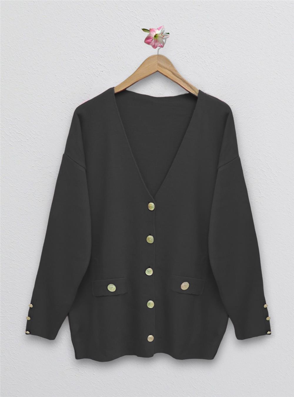 Metal Buttoned Cardigan with Pocket Detail -Black-295-5488-R01