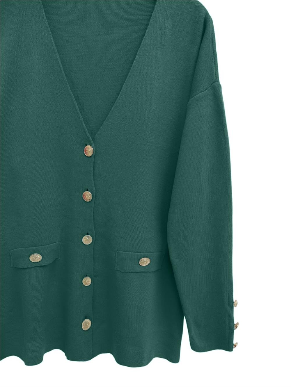 Cardigan with Metal Button Pocket Detail - Emerald-295-5488-R17