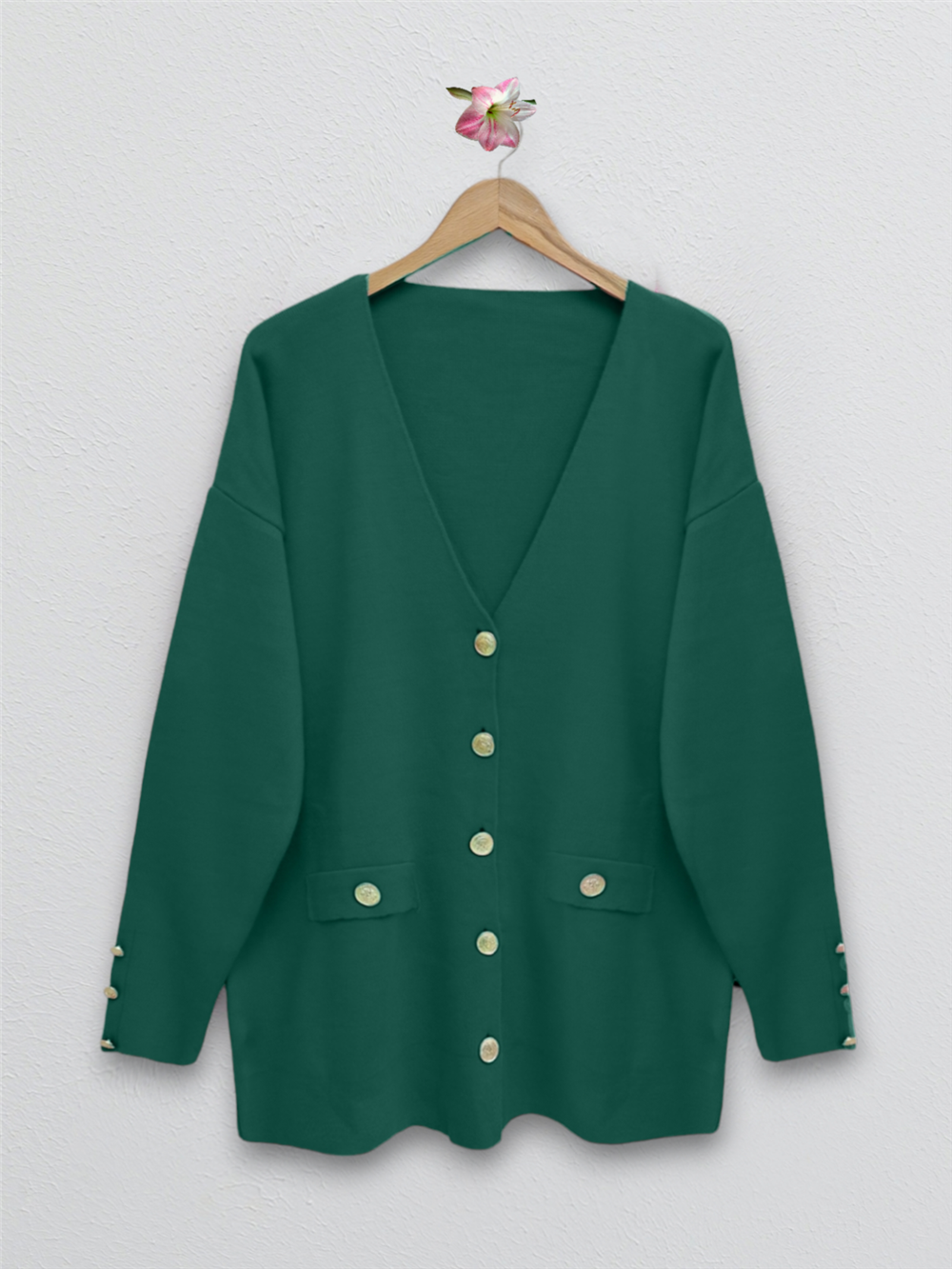 Cardigan with Metal Button Pocket Detail - Emerald-295-5488-R17