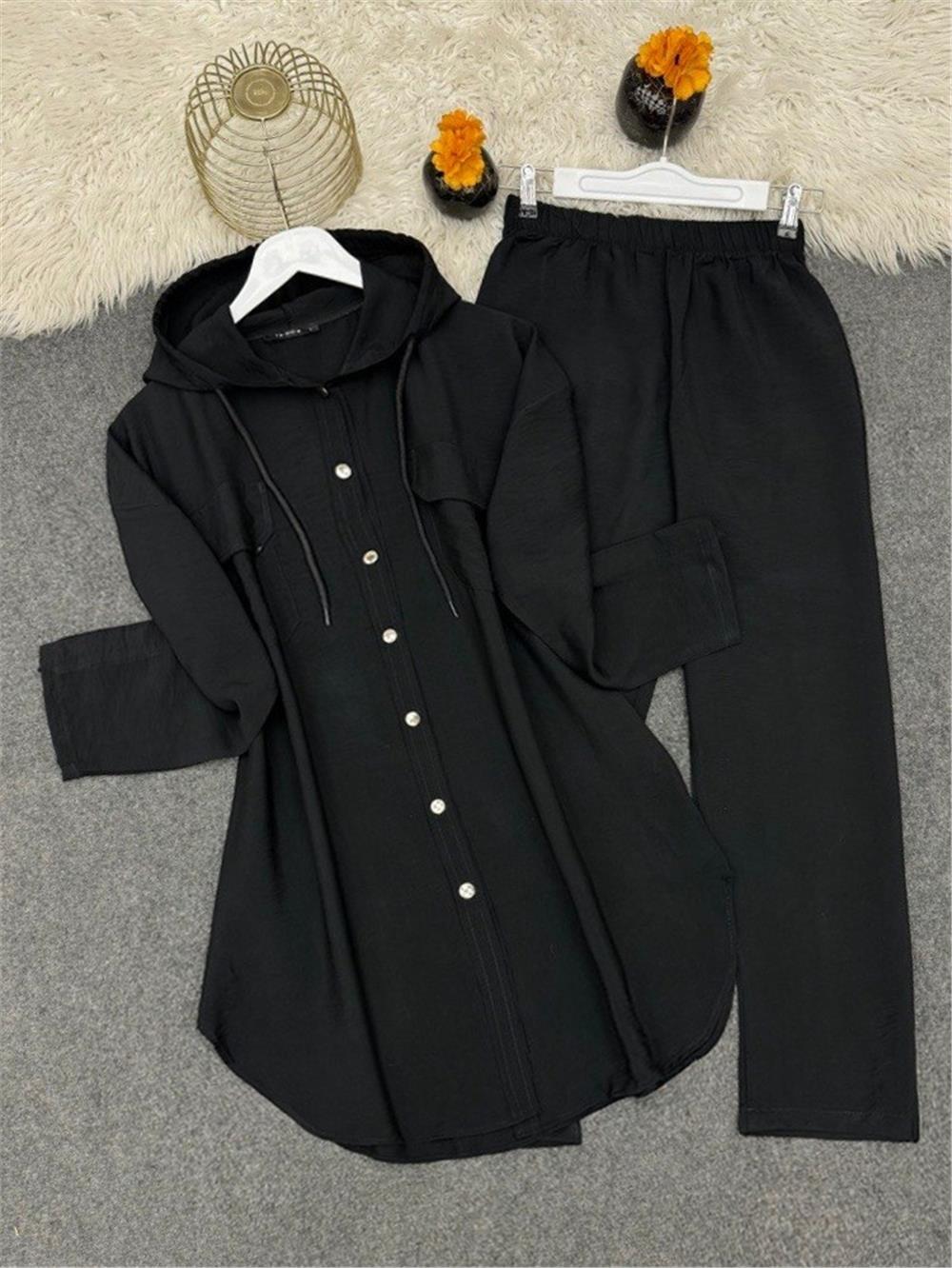 Metal Buttoned Hooded Trousers Double Suit - Black-349-6009-R01