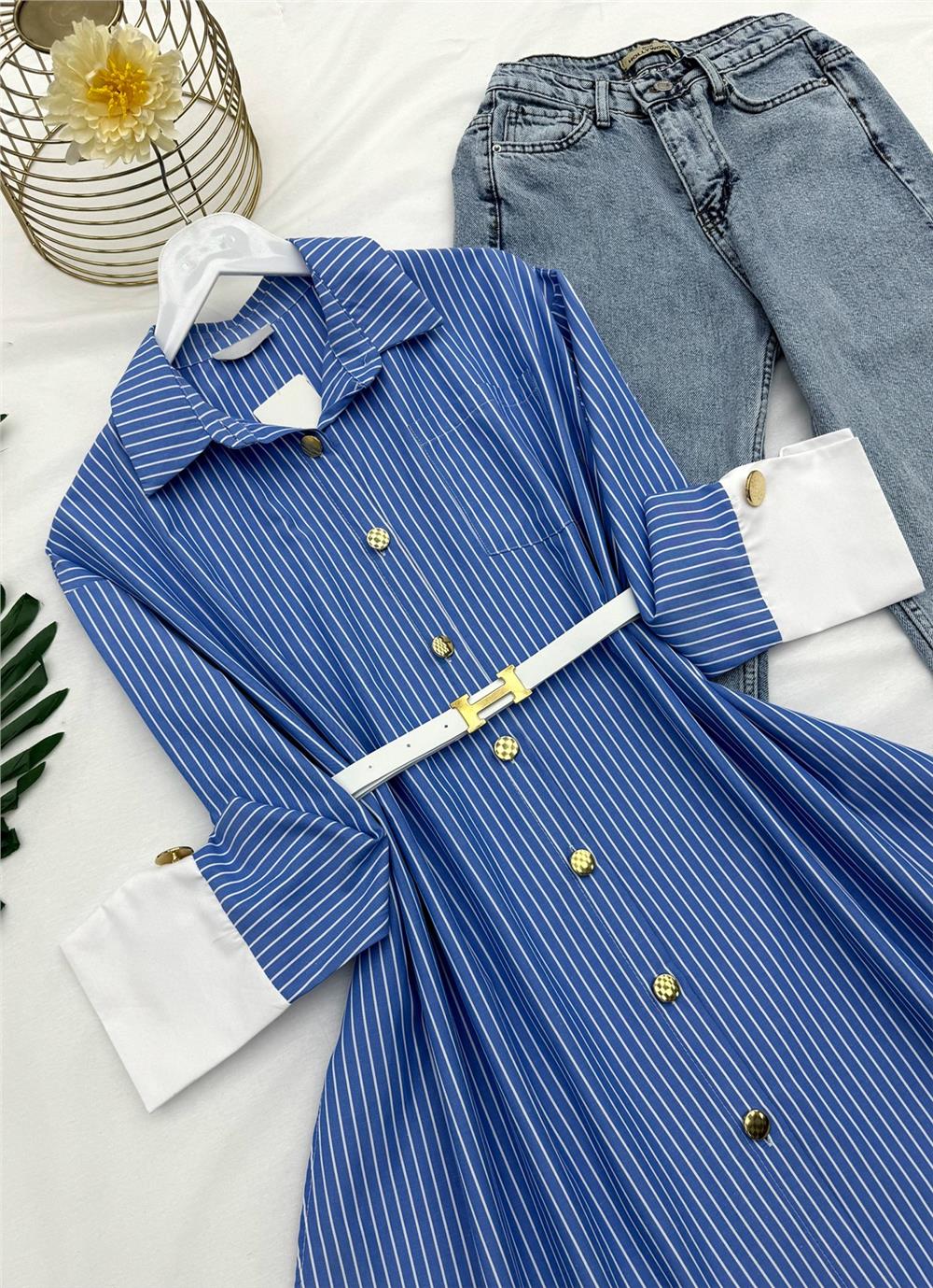 Metal Button Belted Striped Tunic - Blue-223-6256-R31