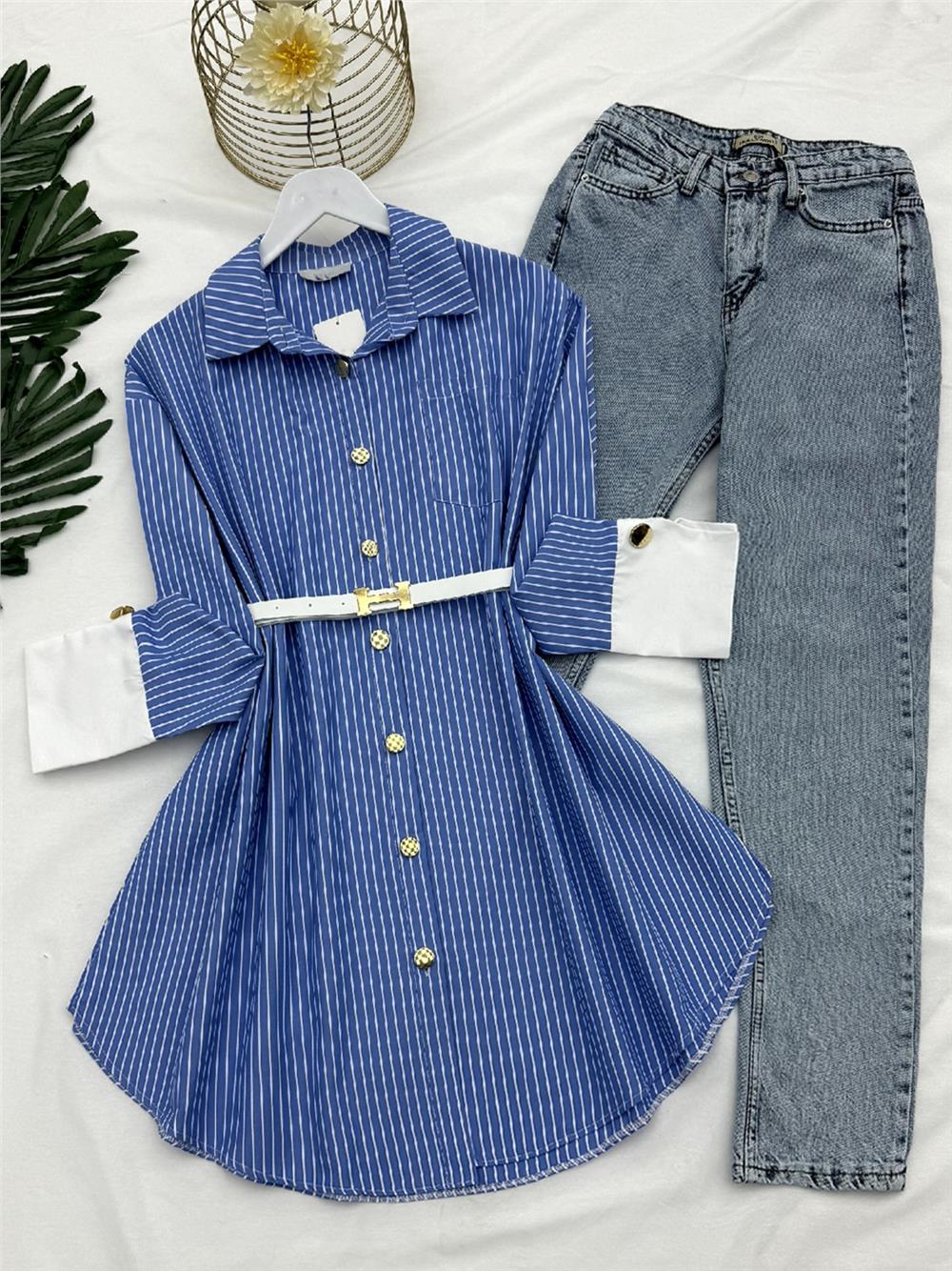 Metal Button Belted Striped Tunic - Blue-223-6256-R31