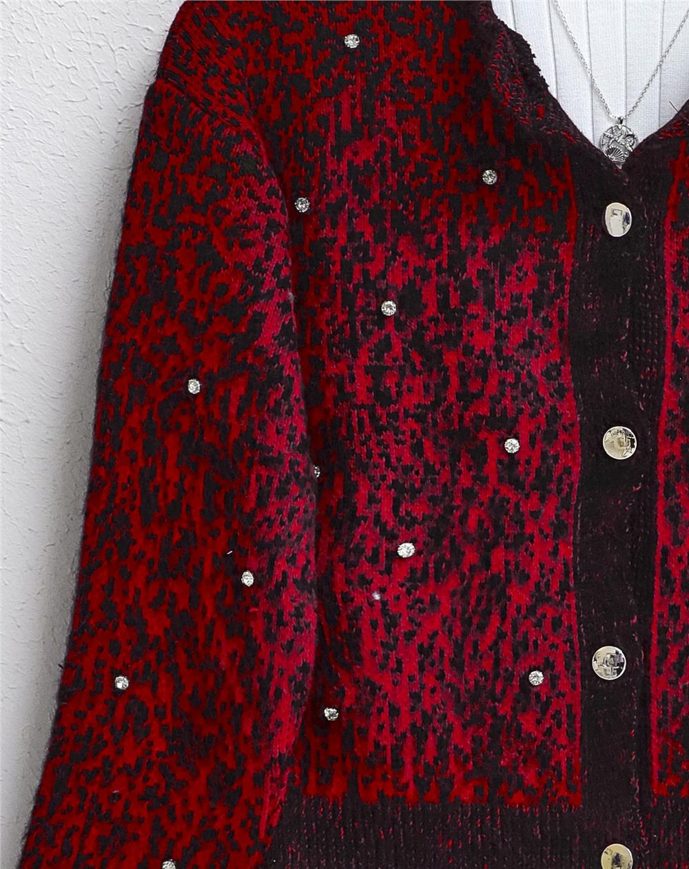 Soft Cardigan with Metal Buttons and Stone Detail - Red-385-3002-R33