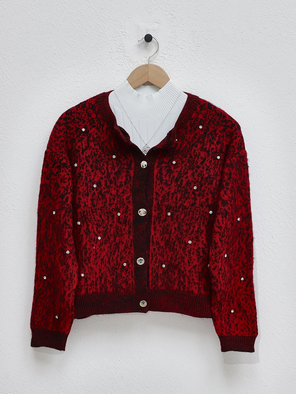 Soft Cardigan with Metal Buttons and Stone Detail - Red-385-3002-R33