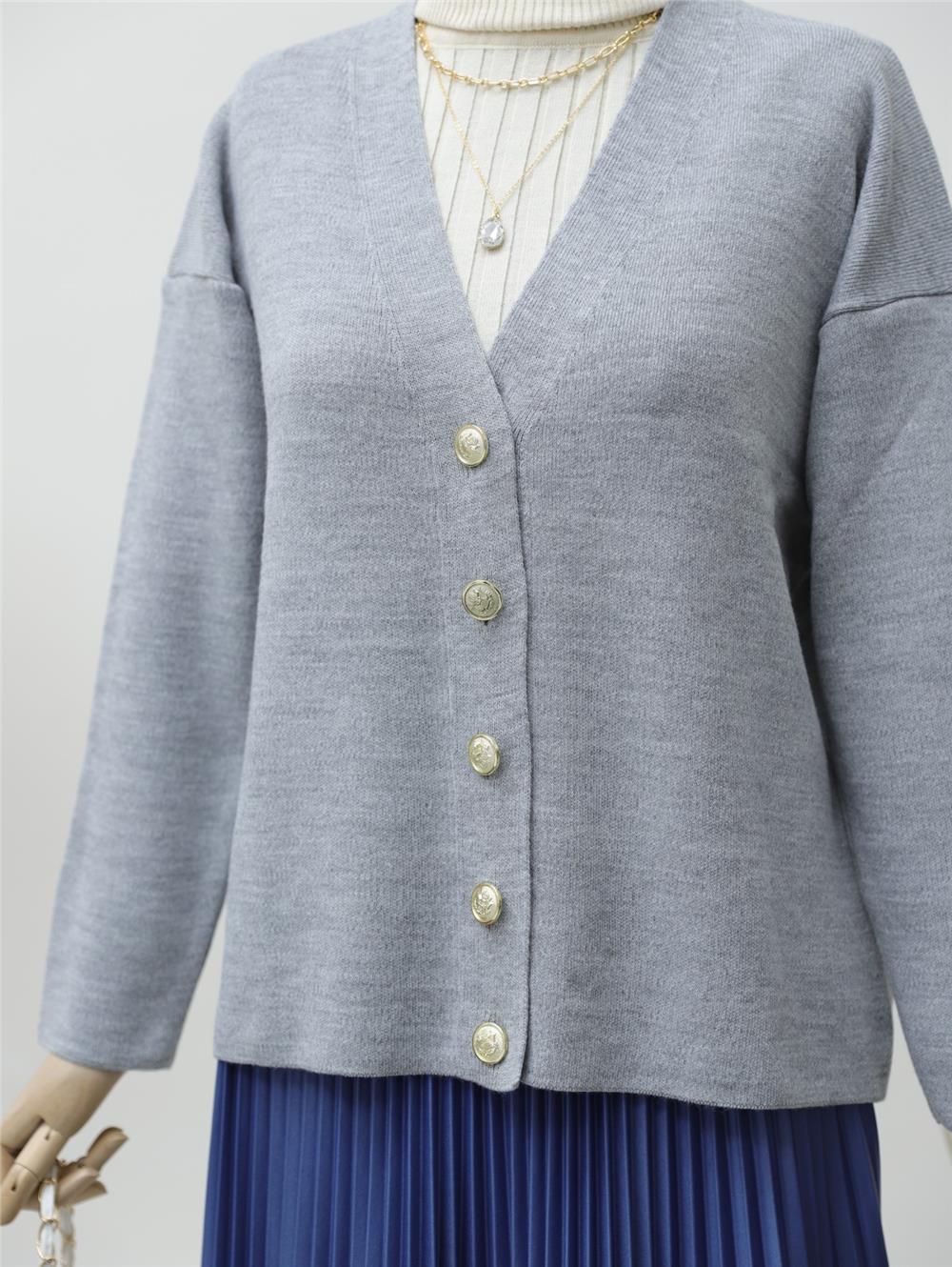 Metal Buttoned Knitwear Cardigan - Gray-357-6157-R11