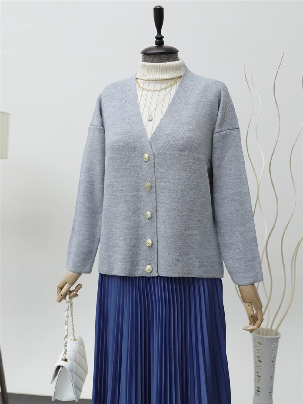 Metal Buttoned Knitwear Cardigan - Gray-357-6157-R11