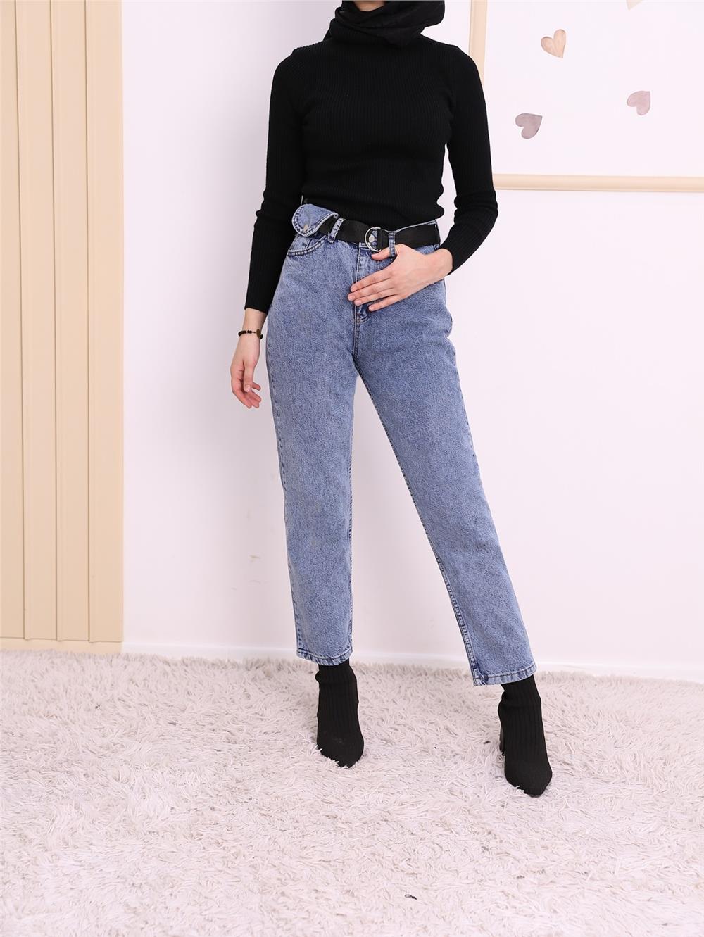 Metal Buckle Belt Snap Detail Jeans -Dark Blue-318-4806-R26