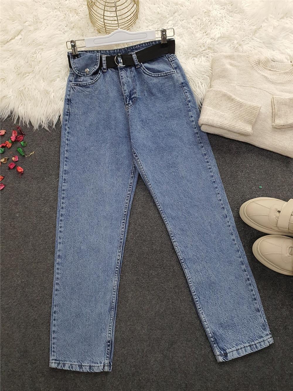 Metal Buckle Belt Snap Detail Jeans -Dark Blue-318-4806-R26
