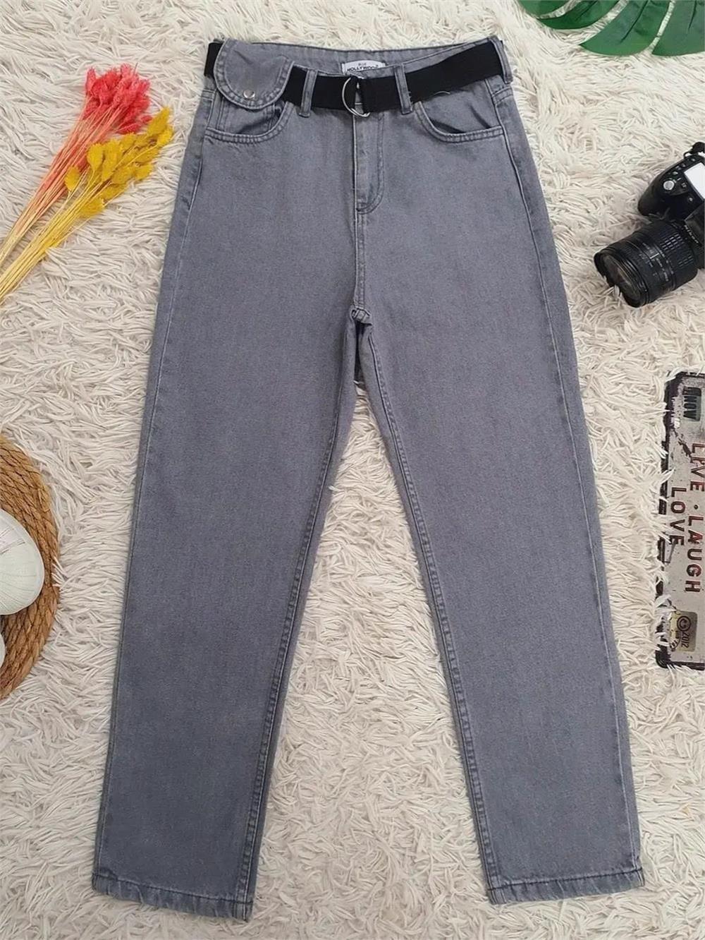 Metal Buckle Belt Snap Detail Jeans - Gray-318-4806-R11