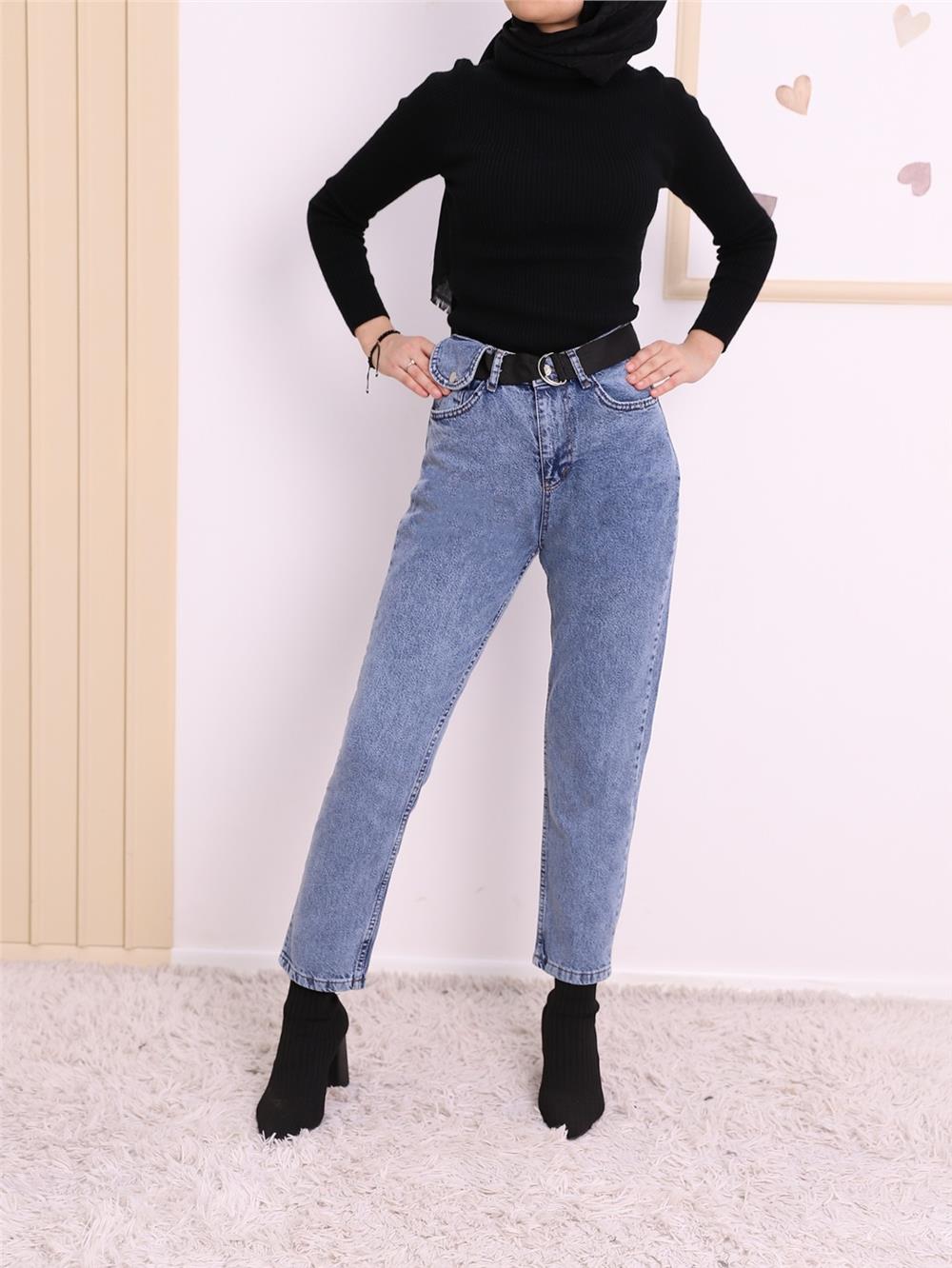 Metal Buckle Belt Snap Detail Jeans -Dark Blue-318-4806-R26