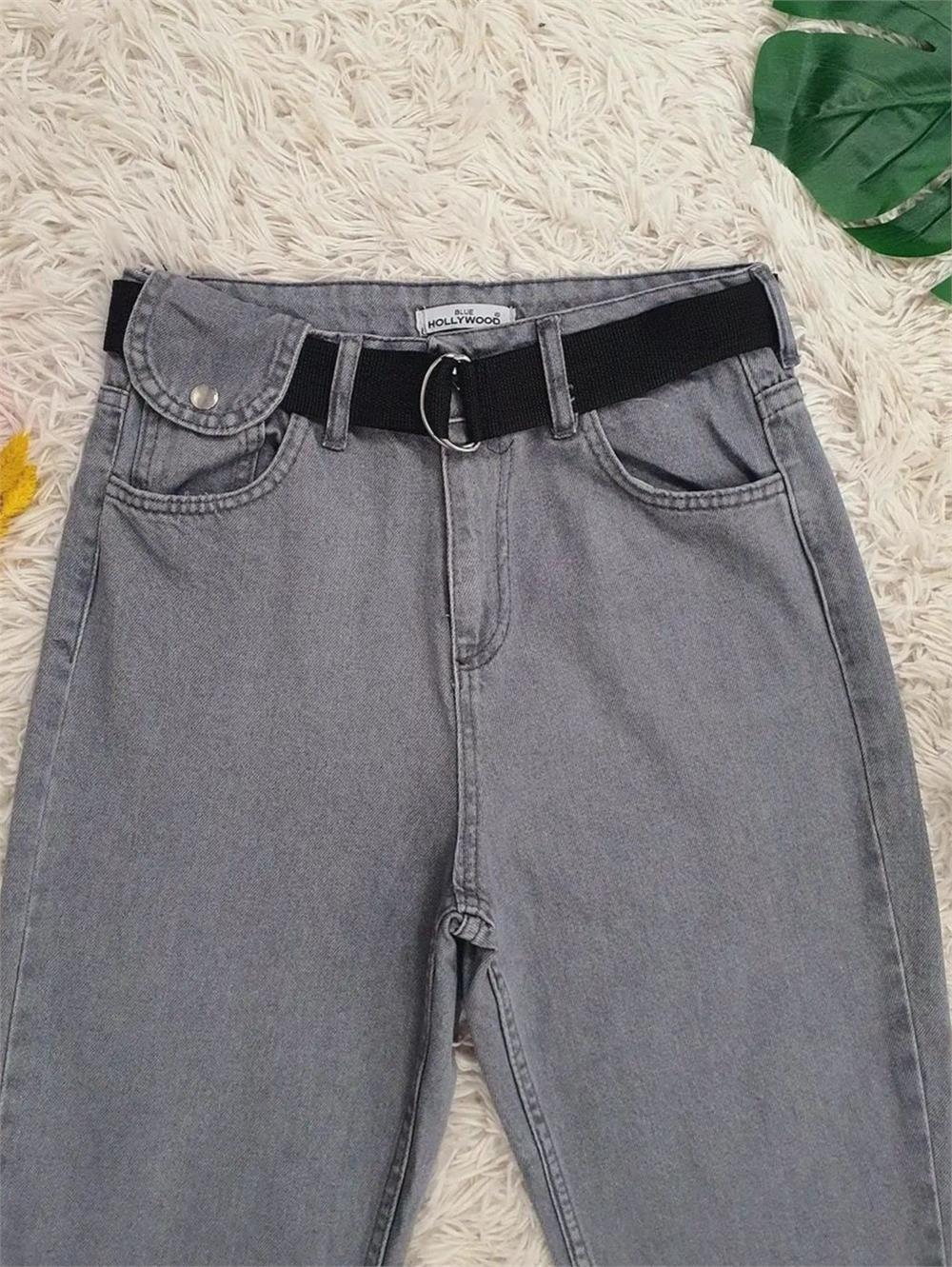 Metal Buckle Belt Snap Detail Jeans - Gray-318-4806-R11