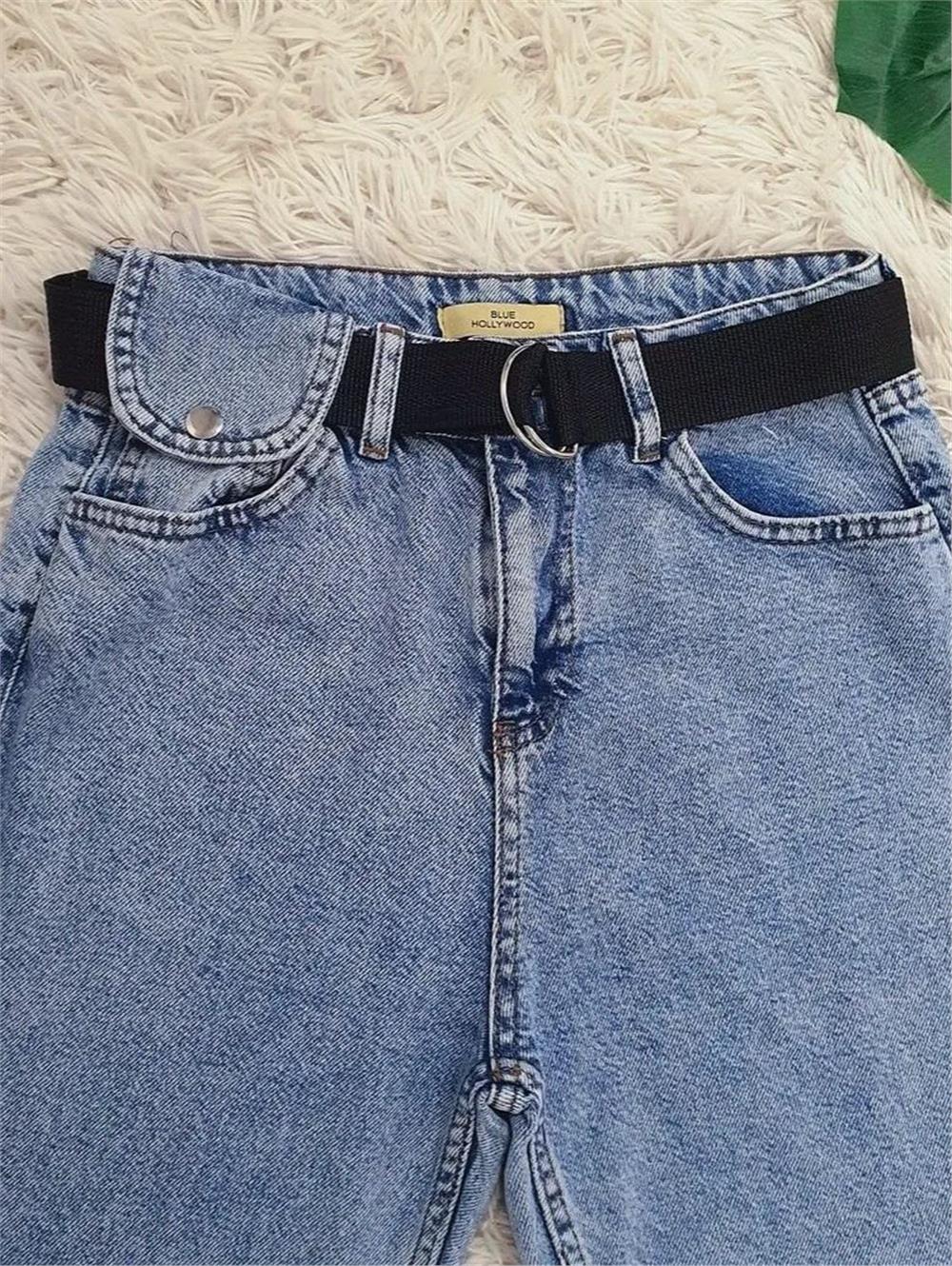Metal Buckle Belt Snap Detail Jeans -Light Blue-318-4806-R25