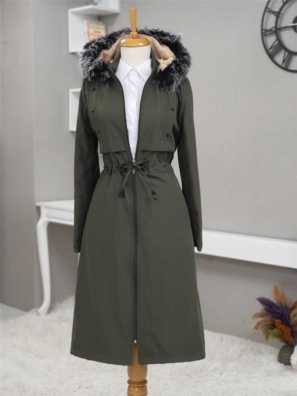 Metal Yıldız Detaylı Kapşonlu Uzun Kaban -Khaki-192-2139-R05