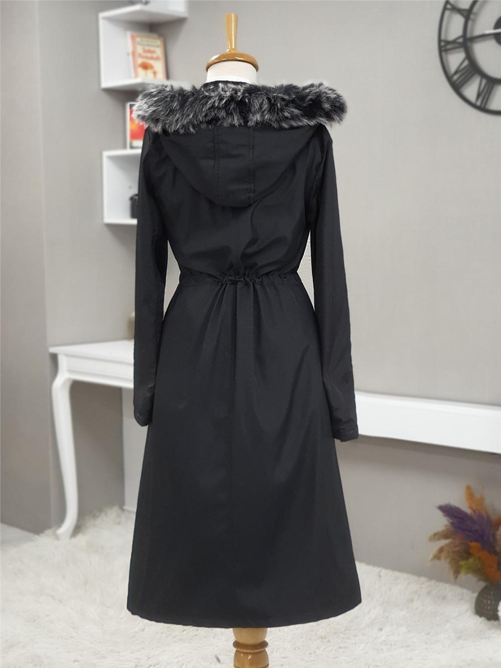 Metal Yıldız Detaylı Kapşonlu Uzun Kaban -Black-192-2139-R01
