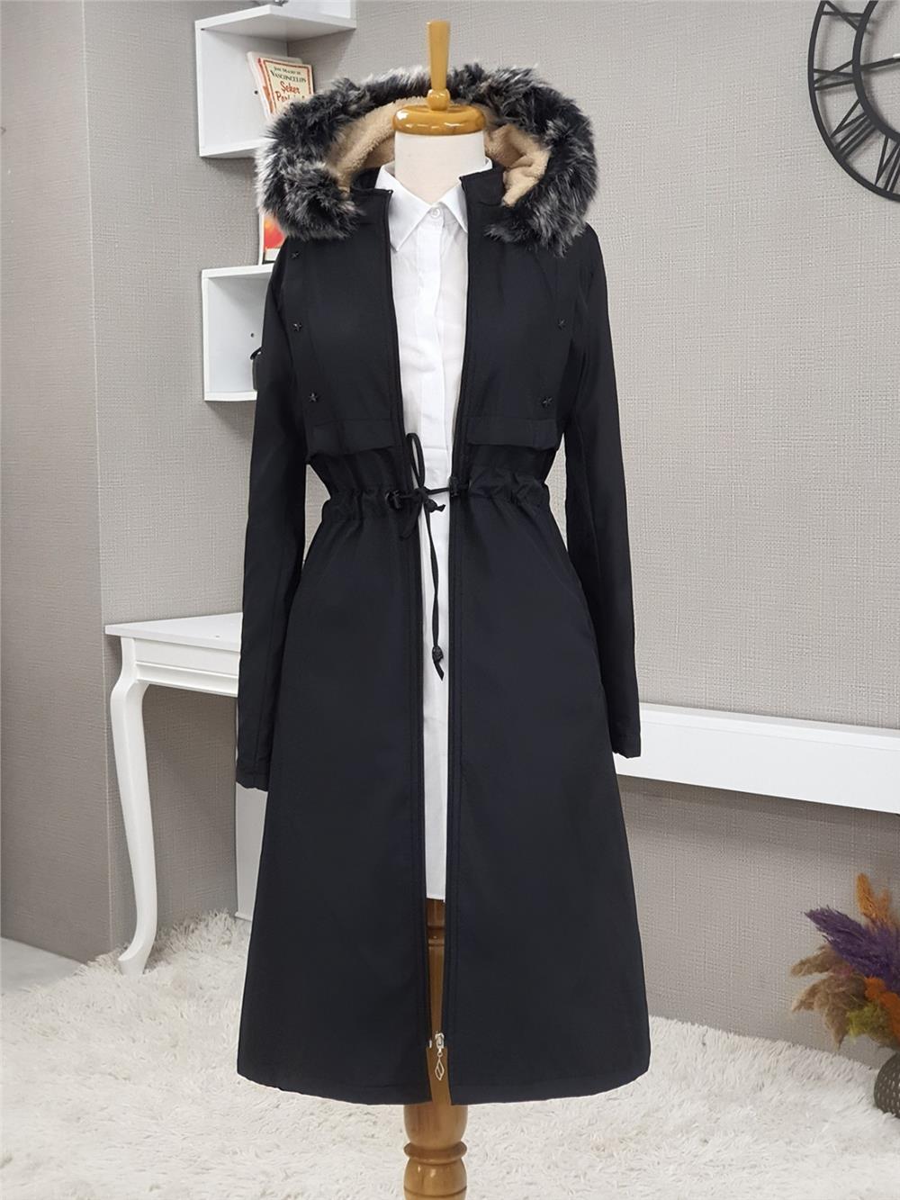 Metal Yıldız Detaylı Kapşonlu Uzun Kaban -Black-192-2139-R01