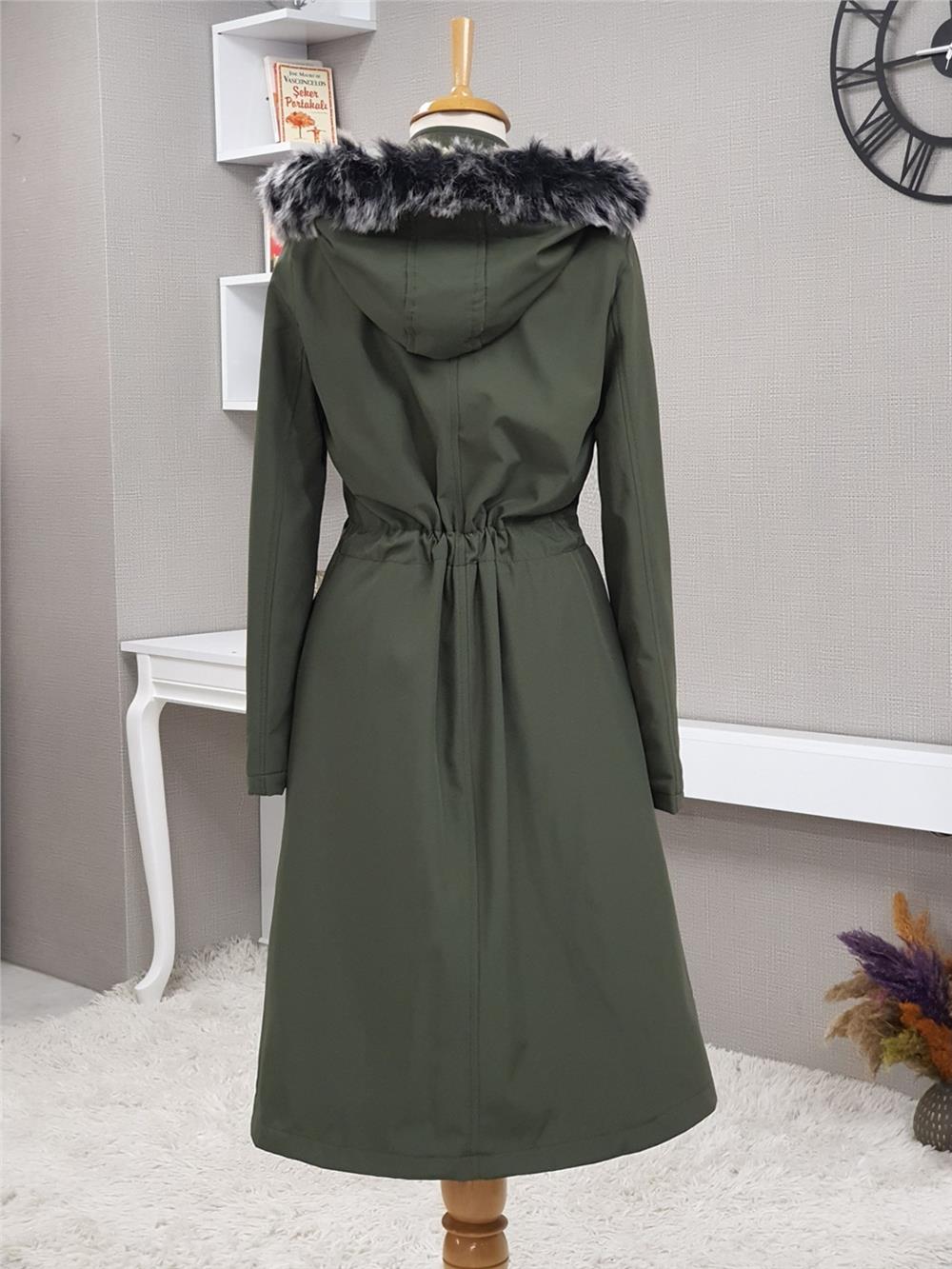 Metal Yıldız Detaylı Kapşonlu Uzun Kaban -Khaki-192-2139-R05